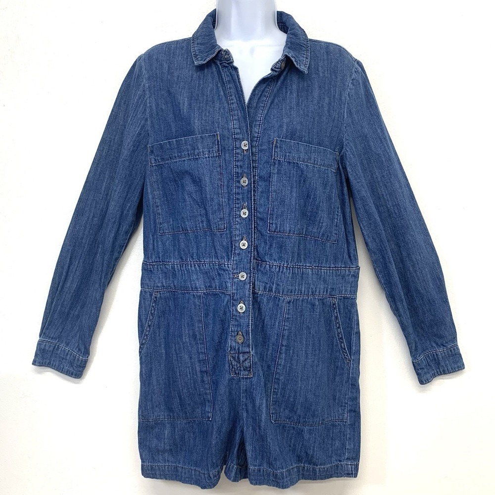Denim Long Sleeve Romper‎ 6 Button Front Blue 100% Cotton Pockets Casual Travel